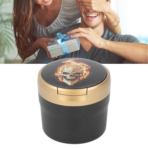 Bärbar askkopp för bil med lock LED-ljus, rökfri askkopp för fordon, askkopp för resor utomhus, gyllene skalle
