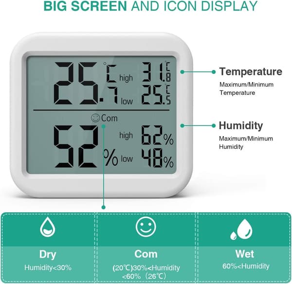 Multifunktionell applikation för sovrum, portabel design, realtidsövervakning, inomhustemperatursensor, högprecisionssensor, stor och tydlig LCD