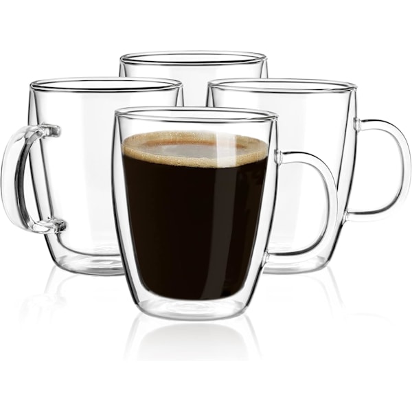 Dubbelväggiga kaffemuggar, (4-pack) 47 cl - Klart glas med handtag, isolerade, cappuccino, te, lattekoppar, dryckesglas värmebeständiga