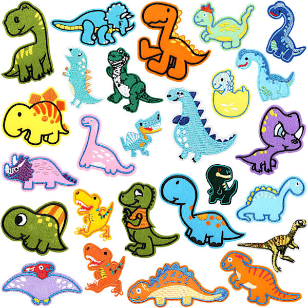 26 st dinosaurie-tema broderade strykjärnslappar, DIY sydda dekalreparationer lappar, sydda/strykjärnslappar, används för jackor, jeans, byxor, ryggsäckar, kläder