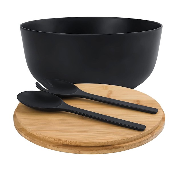 Salladsskålset, Bambufiber, Inkluderar Serveringsbestick, Lock, Gaffel-sked, för Fruktsallader Grönsaker, Lätt att Rengöra, Tål Diskmaskin, Gåva till Mors Dag,