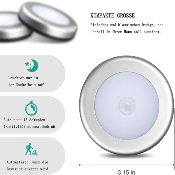 Nattlampa med rörelsesensor, garderobslampa med 3 LED, automatisk ljus på/av sensorljus, invändig nattlampa