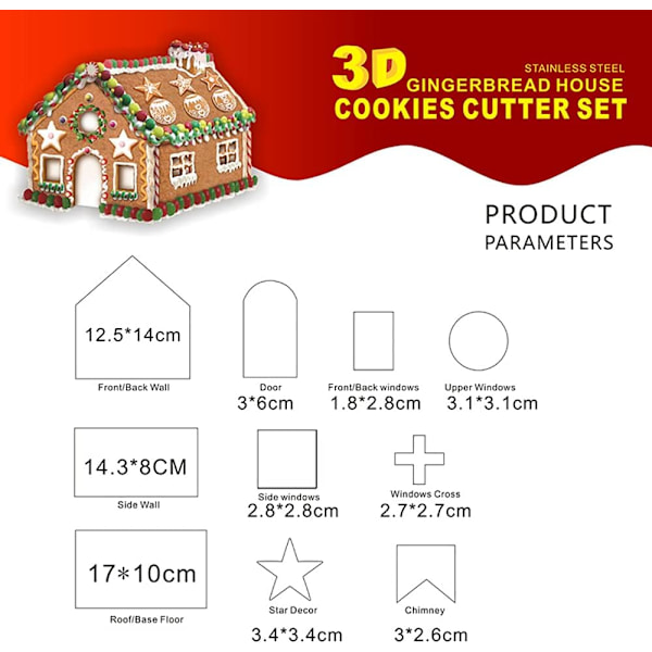 18 st Pepparkakshus Bakform Jul Rostfritt Stål 3D Tredimensionell Kakform DIY Högpunkts Bakform med Presentförpackning 18 st