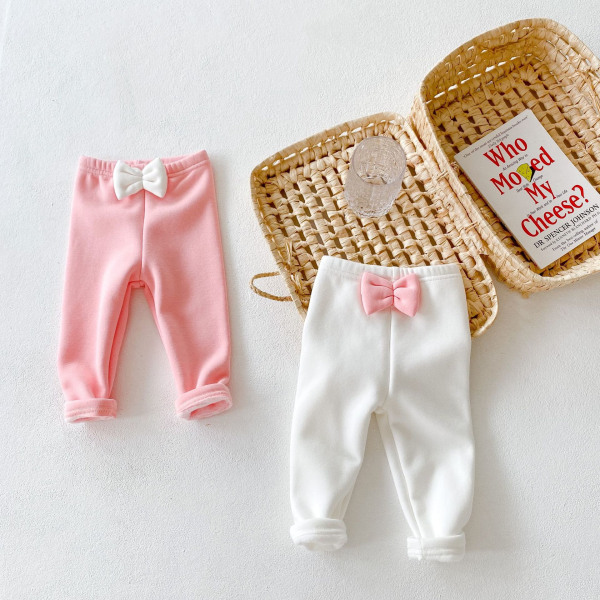 Høst og vinter ny baby pluss fløyelstykke leggings ensfarget sløyfe matchende lange bukser (beige, bukselengde 66 cm)