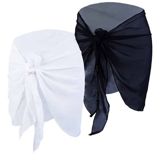 2-delt strandskjørt, kort sarong i chiffon, blød solbeskyttelse, sommerbikiniwrap til kvinder, sort + hvid