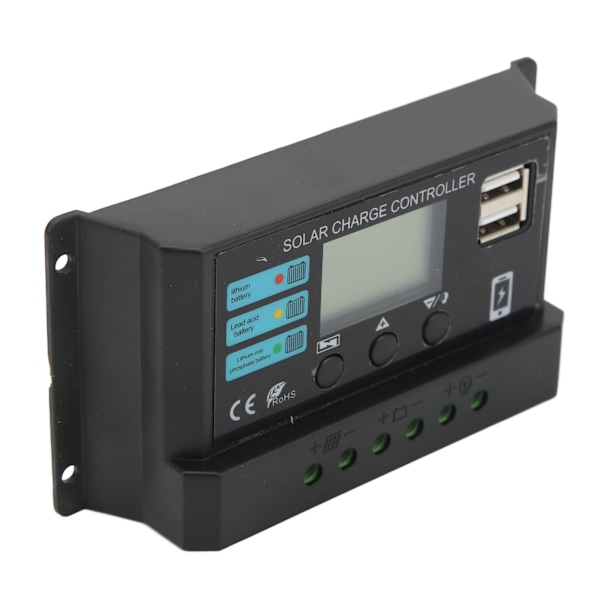 LCD Solpanel Opladningsregulator, 10A Fotovoltaisk Regulator til 12V/24V Systemer, Automatisk Justering, Sort Design