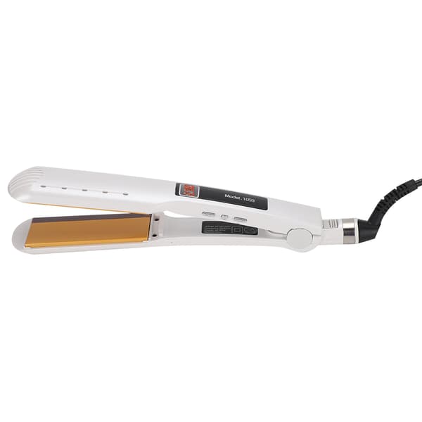 Rettejern med LCD-skjerm, silikonstripe for retting, krølling, styling, britisk plugg, hvit