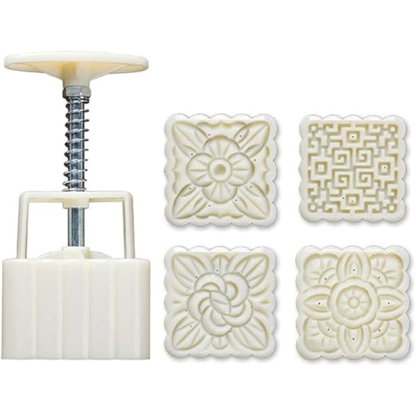 Moon Cake mold, 5 kpl itämainen mold, neliömäinen kukkakuvioinen käsinpainettu mold 100 g, muokattava leimakakkuleivonta - W