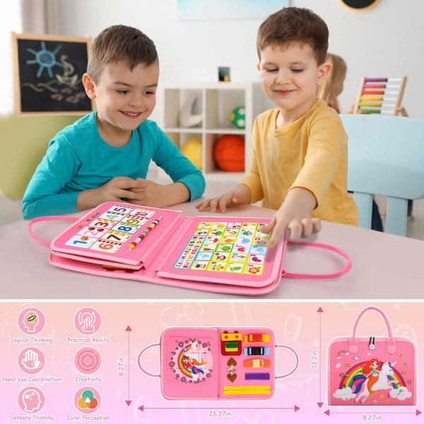 (Pink Unicorn) Upptagen Montessoribräda för barn, 5-lagers Montessoribräda, Aktivitetstavla, Lärande livsfärdigheter Pedagogisk leksakspresent för barn Baby 1-4