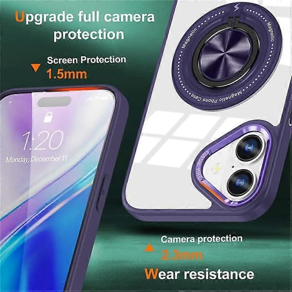 Compatible with iPhone 16 Case Magnetic Ring Holder Support PC+TPU Phone Cover DarkPurple