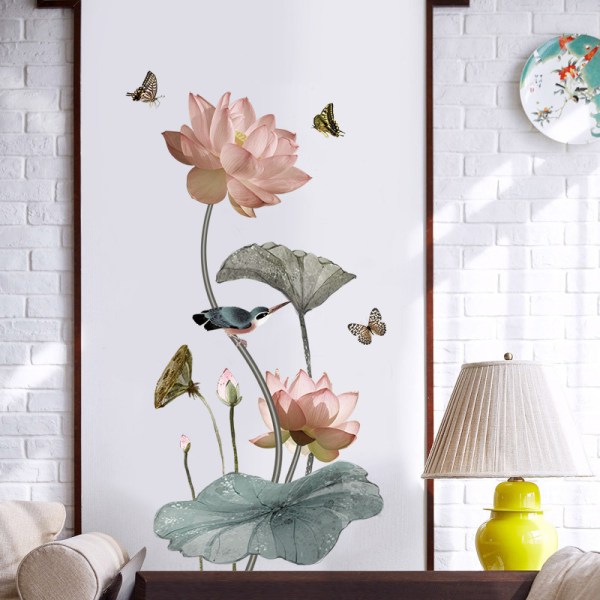 Wallsticker, størrelse XXL, lotus- og blomstermotiver, pink, dekoration til stue og soveværelse