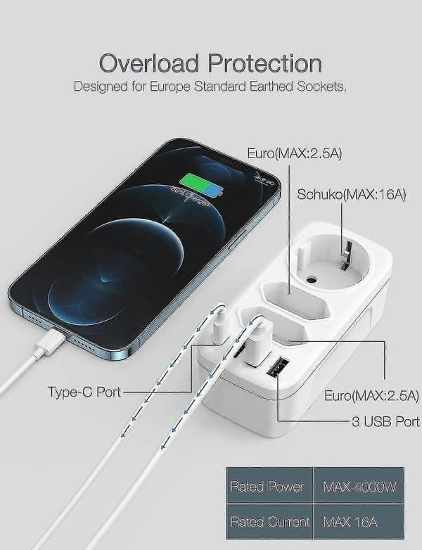 Stikdåseadapter, USB-stikdåse 7 i 1 multipel stikdåse med 2 Euro-stikdåser 1 Schuko