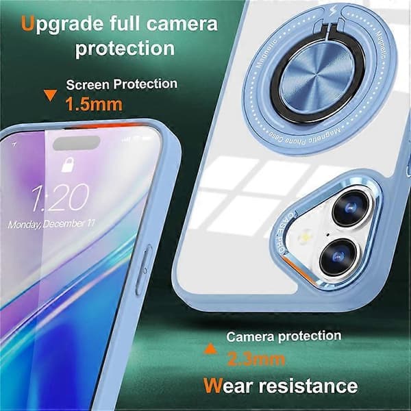 Compatible with iPhone 16 Case Magnetic Ring Holder Support PC+TPU Phone Cover LightBlue