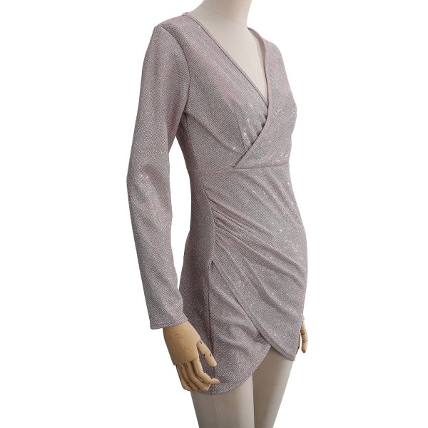 Hip Wrap Dress S Størrelse Rosa Langermet Pustende Strukket V-hals Slire Kjole til fest