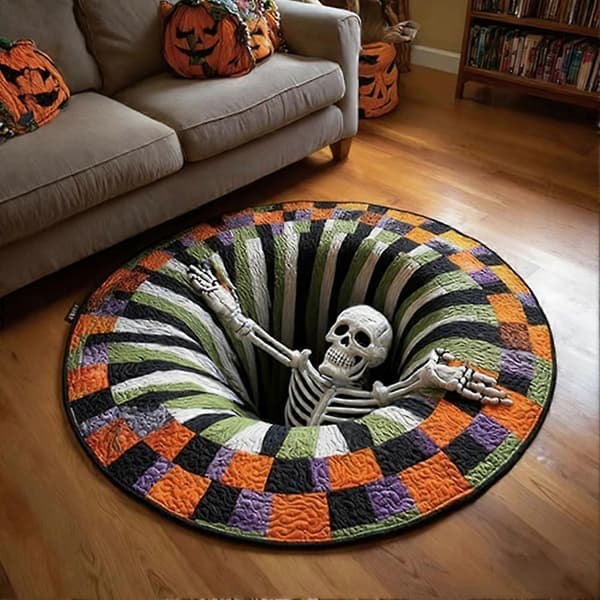 3D Halloween-tæppe - Optisk illusionstæppe med skelet- og græskardesign, blødt og vaskbart, perfekt til stue, badeværelse 3 60X60