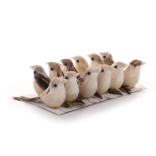 Set med 12 Julgransfågelprydnader i Förpackningslåda, Fjäder & Skummaterial, Mått: 10x4cm