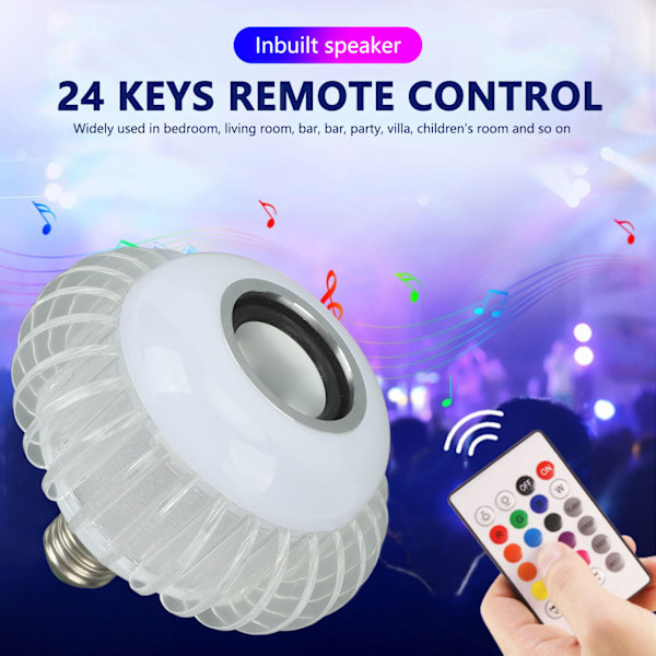 Smart RGB LED-lampa med Bluetooth-högtalare, kompatibel med E26/E27, färgväxlande, inkluderar 24-knappars fjärrkontroll