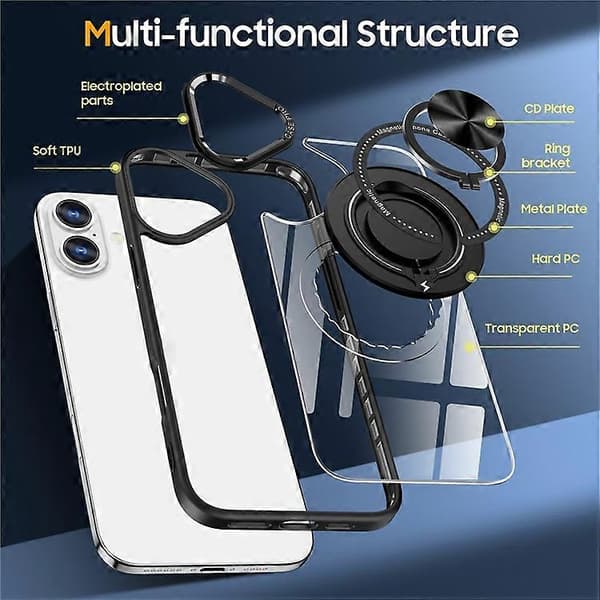 Compatible with iPhone 16 Case Magnetic Ring Holder Support PC+TPU Phone Cover Black