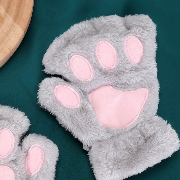 Kissan tassukäsineet talviset söpöt paksunnetut lämpimät sormettomat sumeat pehmokäsineet naisten tytöille harmaa keskikoko