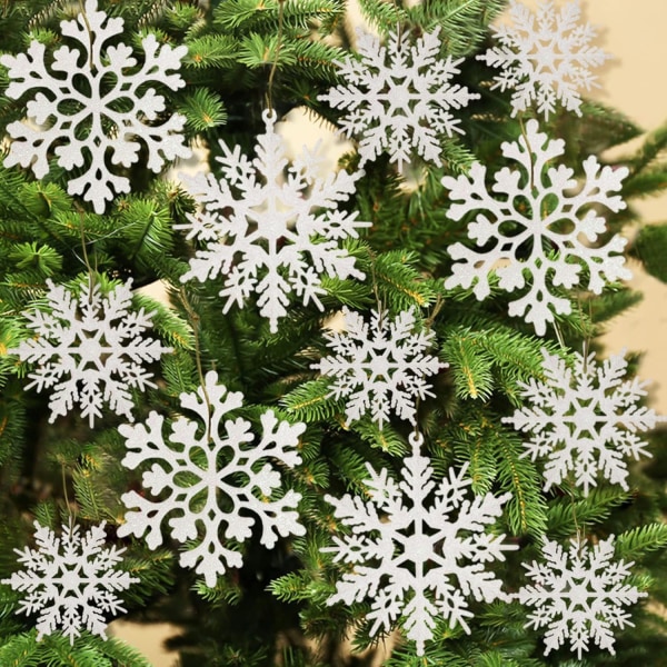 36 bitar jul vit snöflinga prydnader plast glitter snöflinga prydnader för vinter julgransdekorationer Storlek varierar hantverk Snöflingor