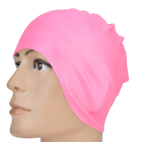 Badehætte til langt hår, ørebeskyttelse, strækbart silikone, pink