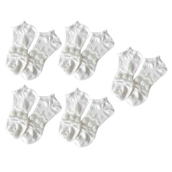 5 Par Damstrumpor Kort Toppkant Spets Sömnad Elastisk Nylon Bekväma Andningsbara Ankelstrumpor Vit 0124 Fri Storlek