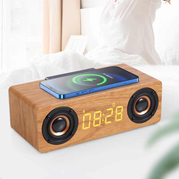 Puinen Bluetooth kaiutin herätyskello FM-radiolla Langaton puhelinlaturi herätyskello Bluetooth kaiutin makuuhuoneen sängyn viereen