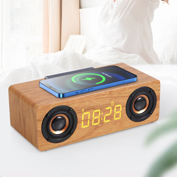 Trä Bluetooth-högtalare väckarklocka med FM-radio trådlös telefonladdare väckarklocka Bluetooth-högtalare för sovrum sängbord