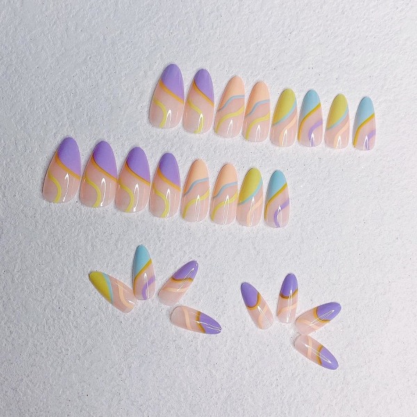 24 st (Colorful Swirl) Press on Nails Medium, Fake Nails Mandellim på naglar, lösnaglar med lim, Akrylnaglar för kvinnor och flickor