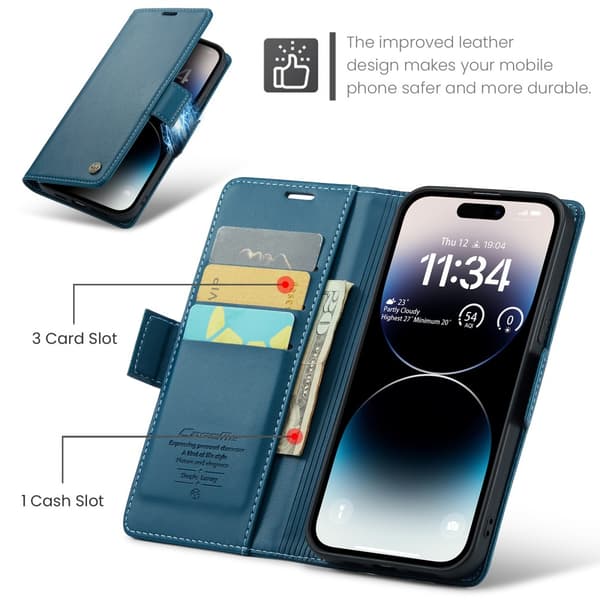 【bt02】CaseMe Slim Wallet Cover RFID Beskyttelse iPhone 15 Pro Max Blå