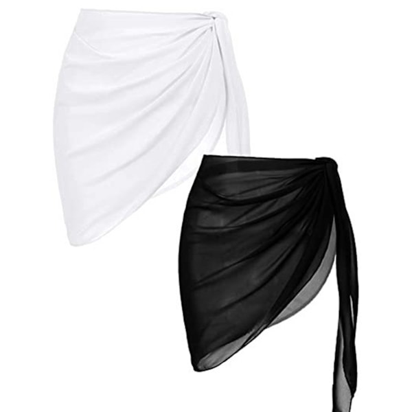 2-delt strandskjørt, kort sarong i chiffon, blød solbeskyttelse, sommerbikiniwrap til kvinder, sort + hvid