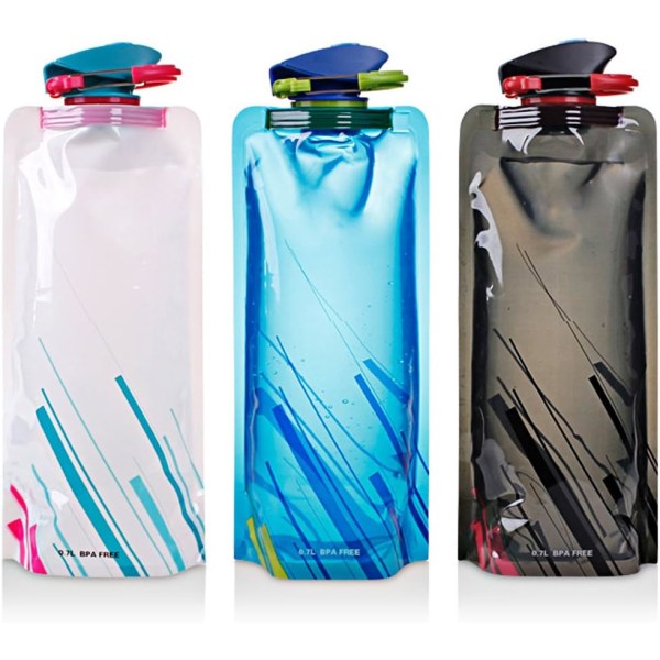 Sammenleggbar vannflaske på 3, fleksible sammenleggbare gjenbrukbare vannflasker for fotturer, eventyr, reiser, 700 ML.