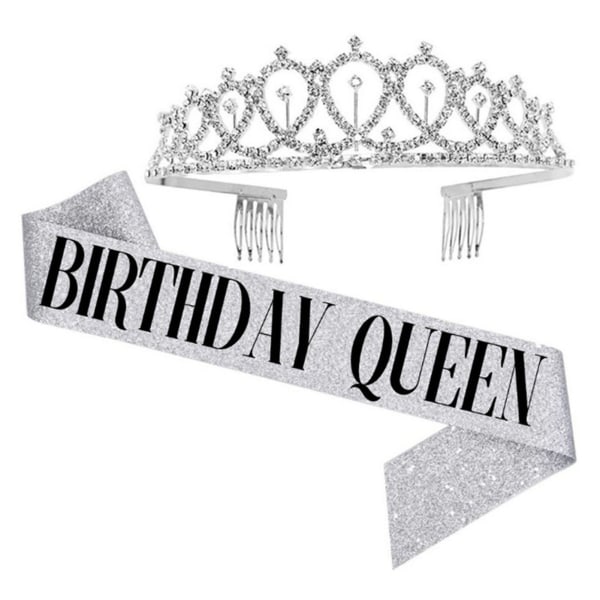 Queen Prom Crowns Sash Elegant Birthday Queen Letters Queen Sash Tiara Set syntymäpäiväjuhliin hopea