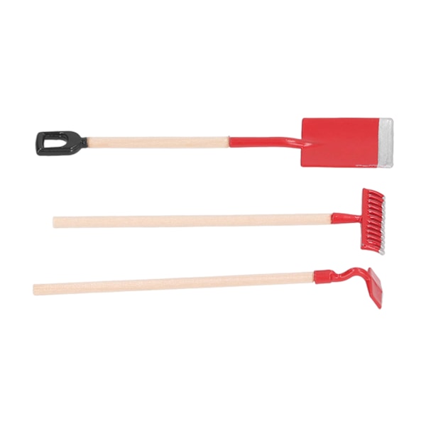 3-delt mini dukkehussett, miniatyr hagehåndverktøy, legering tre, rive spade modell dekorasjon, rød