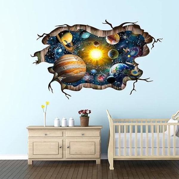 3D-särkyneen sinisen kosmisen galaksin seinätarrat, maagiset Linnunradan ulkoavaruuden seinätarrat, tähdet ja aurinkokunnan taustakuva lasten poikien lattialle
