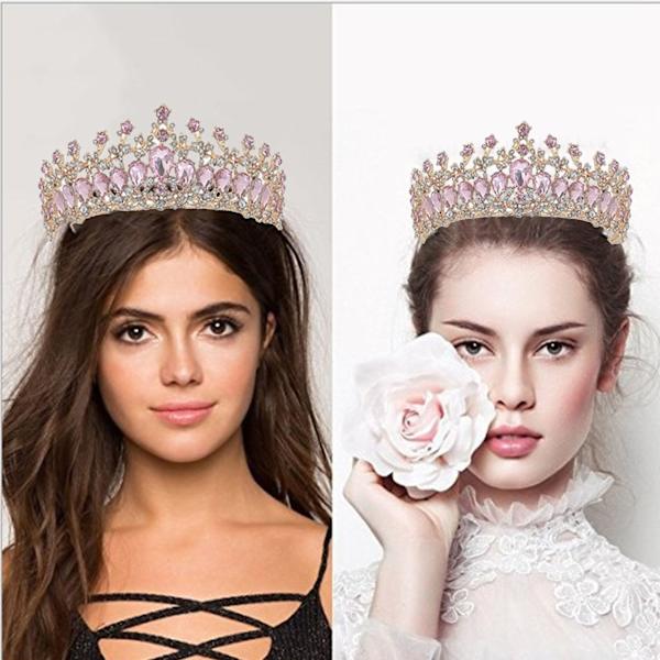 Bryllupskrone for kvinner, legering med strass, hårtilbehør til prom, kostymefest, rosa og gull