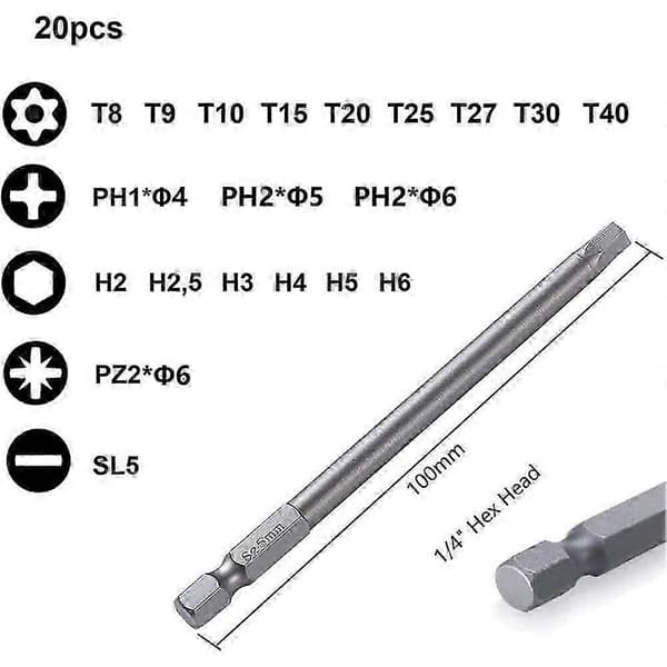 Bitsett langt, magnetisk bitsett 20 stk 100 mm, Torx Bit T8-T40, Hex Bit H2-H6, PH1 PH2, PZ2, Slotted B