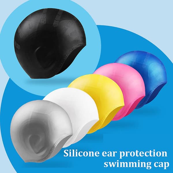 Silikon badehette langt hår 3D ørebeskyttelse ergonomisk design for tenåring-voksen Black