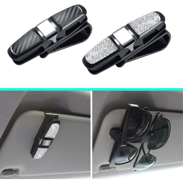 2-Pack Car Visir Brillestel med Rhinestone Crystals Fashion Biling Solbrillestel - Sølv og sorte stelklemmer