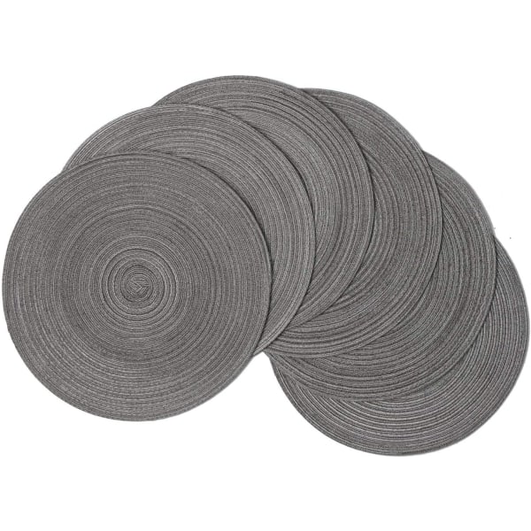 Sett med 6, grå 38 cm, flettet dekkebrikker i polypropylen og bomull Rund dekkebrikke