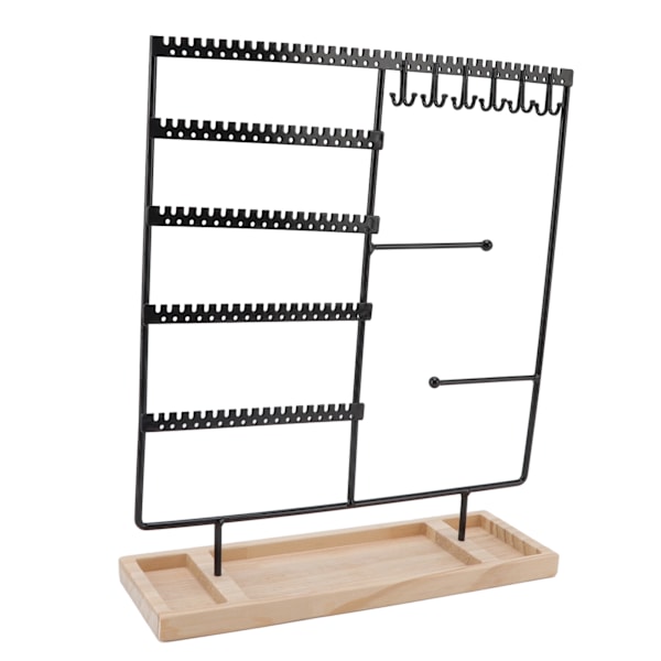 5-lags Ørepynt-arrangør i Jern: Stativ med 90 Hull, 2 Metallstenger & Trebase for Ørepynt, Halskjeder, Armbånd & Ringer - Svart