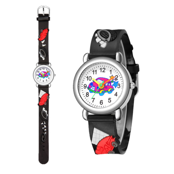 Watch(svart, bil),Vattentät barnarmbandsur Quartz Movement,3D tecknad design,Digital watch för 3 år till 12 år gammal tjej