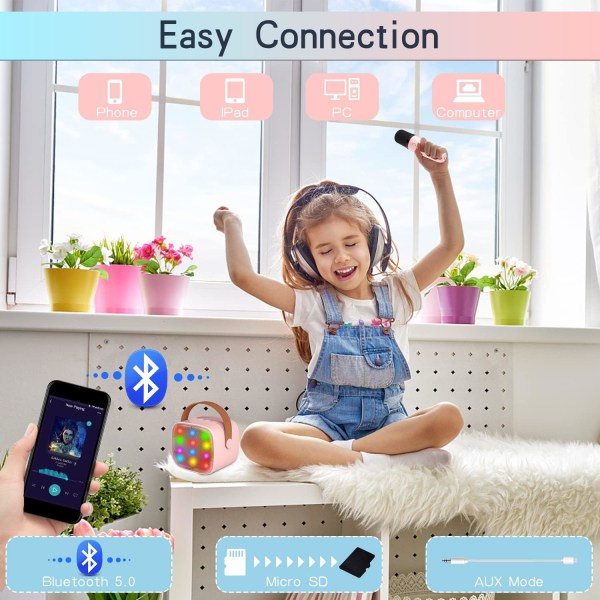 Lasten karaokelaite mikrofonilla (vaaleanpunainen), kannettava Bluetooth karaokelaite lasten aikuisten käyttöön, ääntä muuttava tehoste ja LED-valo, syntymäpäivä
