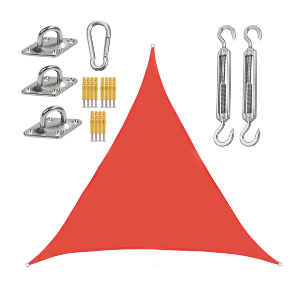 Trekantet skyggeseil 3*3*3 meter (rødt) inkludert tilbehør