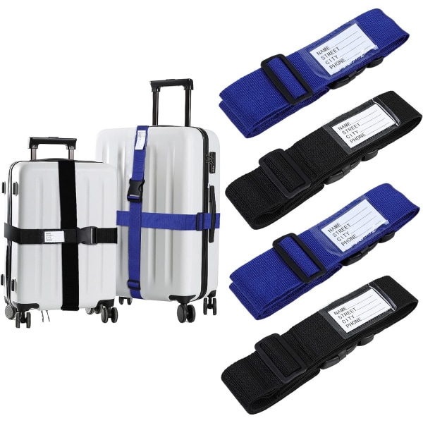 Sæt med 4 justerbare kuffertstropper med ID-tag, rejsetilbehør Kuffertstrop til sikker lukning