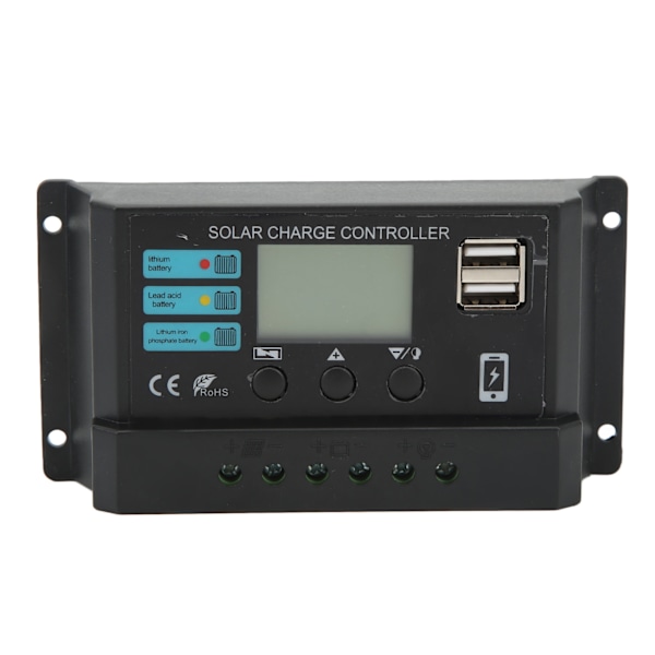 LCD Solpanel Opladningsregulator, 10A Fotovoltaisk Regulator til 12V/24V Systemer, Automatisk Justering, Sort Design