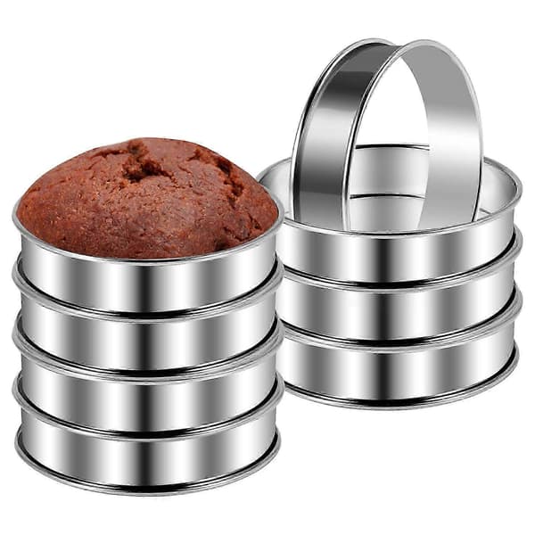 8 stk 4,1 tommer muffins- og terteringer, dobbel tertering i rustfritt stål, rund ringform for hjemmelaging B