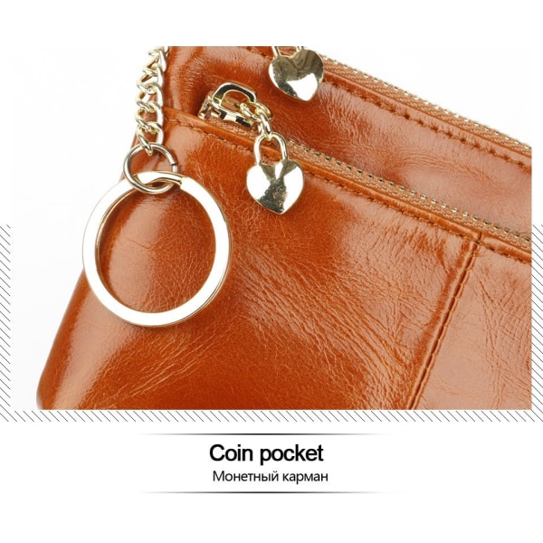 (Brun) Minimyntväska för damer i äkta läder med dragkedja, nyckelhållare och korthållare för plånbok