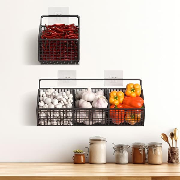 Wall-mounted pantry shelves for storage, wall-hanging baskets for kitchen, bathroom, metal wire fruit and vegetable baskets, three compartments
