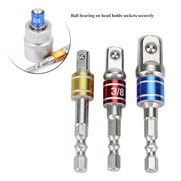 3-delars adapterset för hylsor: Förlängningar för mutterdragare - 1/4\", 3/8\" och 1/2\" skruvmejselverktyg